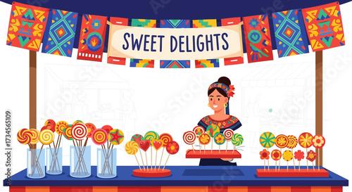 Colorful Candy Stand with Sweet Delights Banner at a Festive Outdoor Market