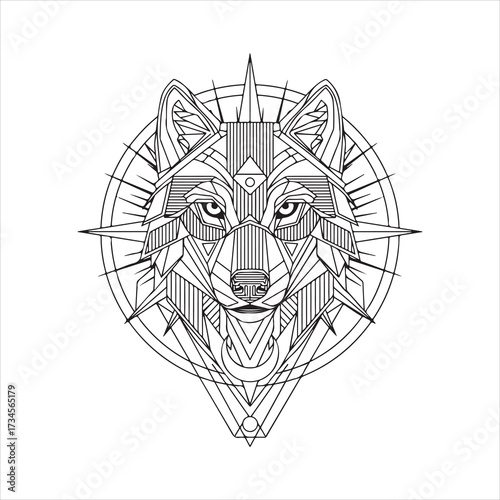 Geometric wolf head composed of facets and lines, fierce animal emblem, modern tattoo vector design art