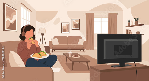 Cozy evening at home, woman enjoying tacos while watching tv and relaxing on the sofa