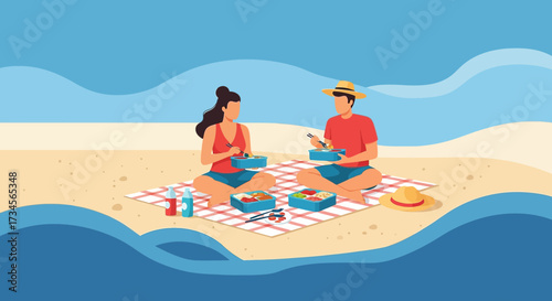 Couple enjoys a relaxing picnic on a sandy beach with beautiful seascape backdrop creating a