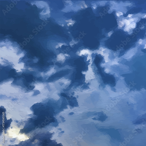 Deep-blue sky in darker rainy clouds with a bleak sun in the left bottom corner symbolizing hope; a square oil-styled abstract vector background for cold winter-themed prints and greeting cards