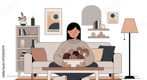 Cozy living room scene with a woman holding a bowl of harvest mushrooms in a serene pose