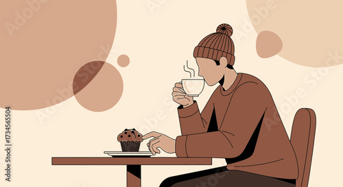 Cozy morning scene with a person enjoying coffee and a muffin in a minimalistic style illustration