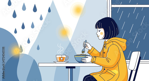 Cozy Rainy Day Illustration of a Woman enjoying Breakfast indoors with Tea and Cereal