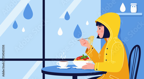 Cozy rainy day illustration of a woman enjoying pasta and coffee indoors watching the rain