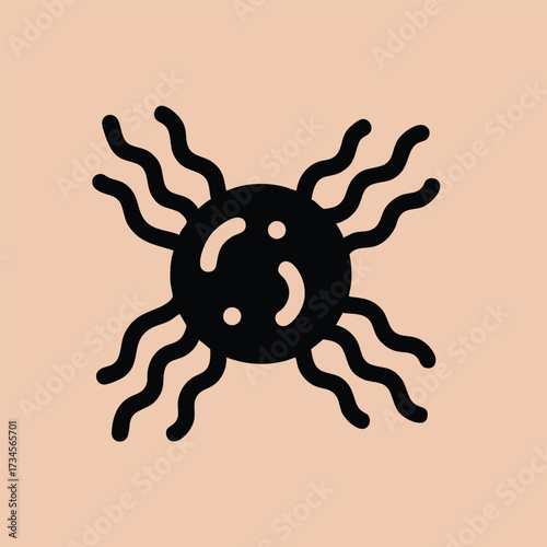 Simplified stylized representation of a microscopic organism with wavy appendages radiating from a central body on a neutral