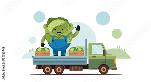 Cute cabbage character waving from a truck full of fresh vegetables, perfect for kids storybooks