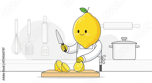 Cute lemon character cooking in the kitchen, preparing healthy food concept illustration