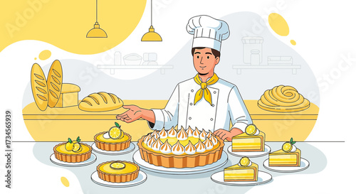 Delightful presentation of lemon desserts and breads with chef vector illustration