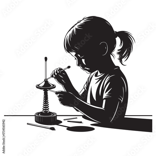 Vector art of silhouette of a young girl focused on assembling a model or intricate object with small tools