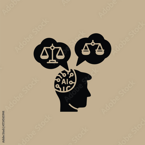 Silhouette of a human head with thought bubbles containing scales of justice and legal symbols representing legal thinking and decision-making