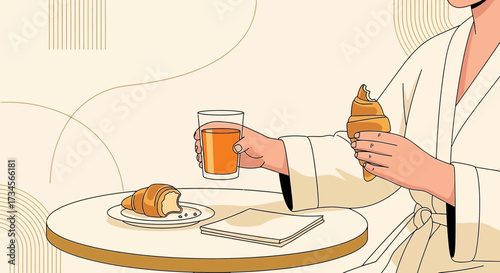 Elegant breakfast illustration with croissant juice and bathrobe evoking relaxation and luxury