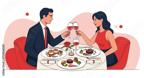 Elegant couple toasting with wine during a romantic dinner date illustration