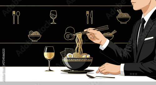Elegant dining experience featuring ramen, wine, and sophisticated ambiance in monochrome design