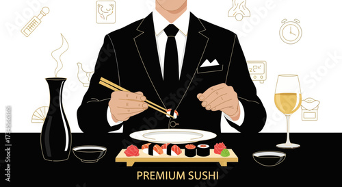 Elegant dining illustration featuring sushi presentation with a suited figure and refined details