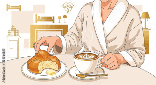 Elegant morning illustration of a person in a robe enjoying coffee and bread in a luxurious setting