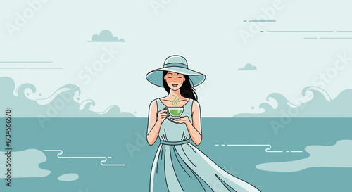Elegant woman in summer dress enjoying a cup of tea by the serene ocean background