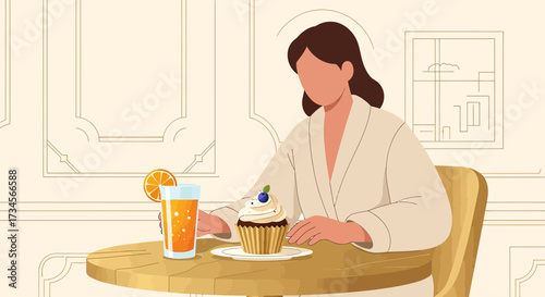 Elegant woman in robe enjoying breakfast with cupcake and orange juice in a luxurious setting