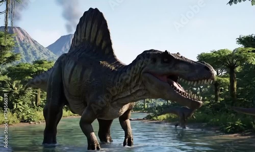 A spinosaurus walking through a prehistoric river with volcanoes in the background