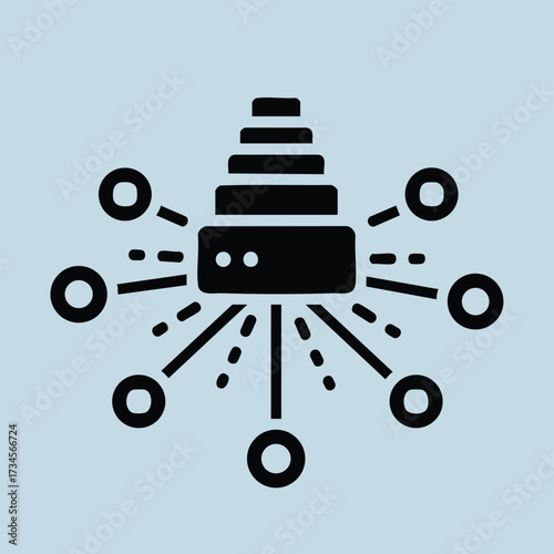 Minimalist chandelier with multiple arms and circular light fixtures hanging from a central point against a light blue