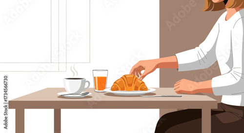 Enjoying a delightful breakfast with coffee orange juice and a fresh croissant in the morning