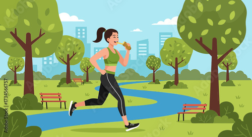 Energetic woman jogging in a park with trees eating energy bar during her workout activity