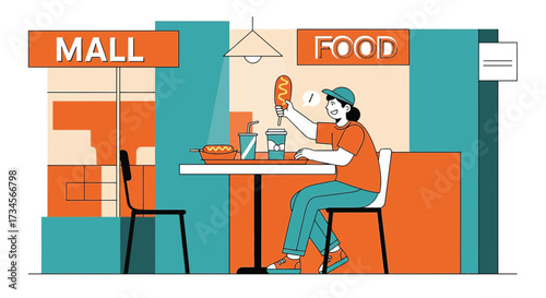 Enjoying street food at the mall food court vector illustration design template
