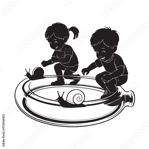 Vector art of two children observing snails in a glass bowl