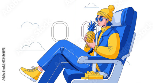 Fashionable traveler on a plane with a pineapple enjoying a tropical treat on a flight