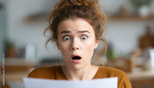 Shocked Woman Surprised By High Utility Bills, Reviewing Bank Documents And Letters, Reacting To Financial News In Disbelief