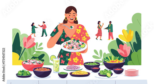 Festive gathering illustration featuring a woman enjoying ceviche at a lively party
