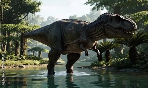 A tyrannosaurus rex wading in a river in a lush green jungle