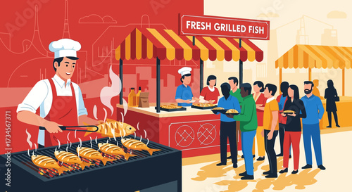 Festive food fair scene with fresh grilled fish and eager customers waiting in line