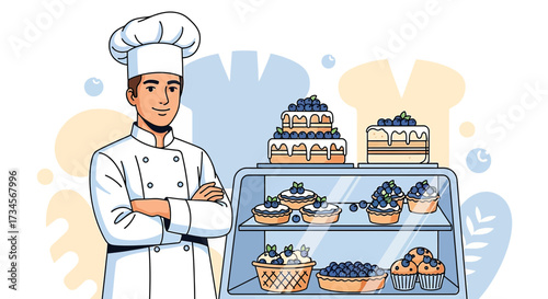 Friendly chef presents a delightful display of blueberry pastries and cakes in bakery