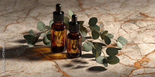 Amber Glass Bottles of Essential Oils with Eucalyptus Leaves on Marble Surface