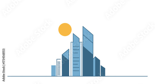 Modern Cityscape Illustration with Geometric Skyscrapers and Golden Sun