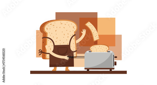 Funny cartoon illustration of a slice of bread making toast in the kitchen with toaster