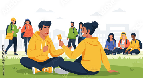 Happy college students sharing waffles on campus lawn enjoying university life