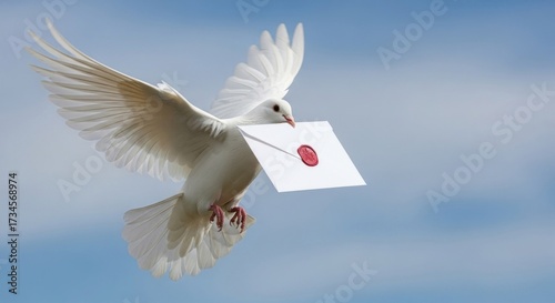 A white dove flies through a blue sky, carrying a sealed letter in its beak.