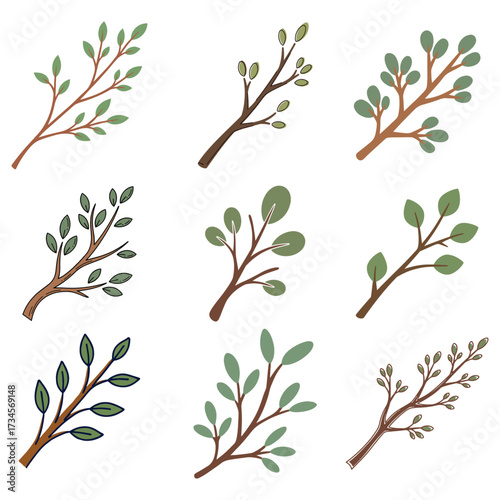 A collection of nine different hand-drawn style tree branches with green leaves and buds, isolated on a white background.