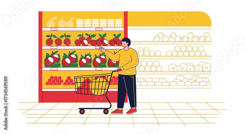 Illustration depicting a man shopping for fruit in a supermarket aisle with vibrant colors