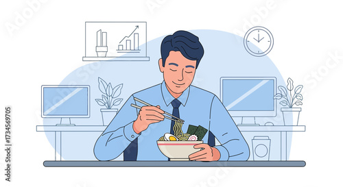 Illustration of a businessman enjoying ramen during a break at his office workplace setting