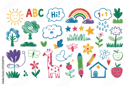Colorful children's drawing collection with abcs rainbow sun and animals for educational fun