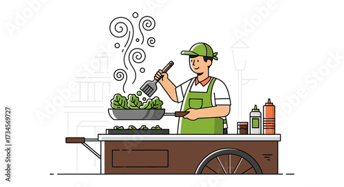 Illustration of a cheerful vendor cooking food on a street food cart, offering a healthy and tasty
