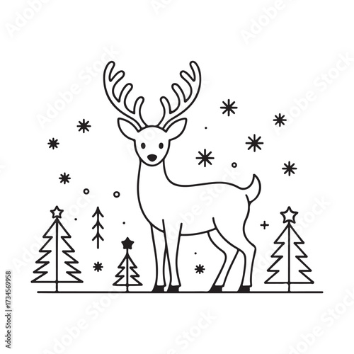 Whimsical line art reindeer standing amidst snowy winter scene with festive trees and stars isolated on white background silhouette vector