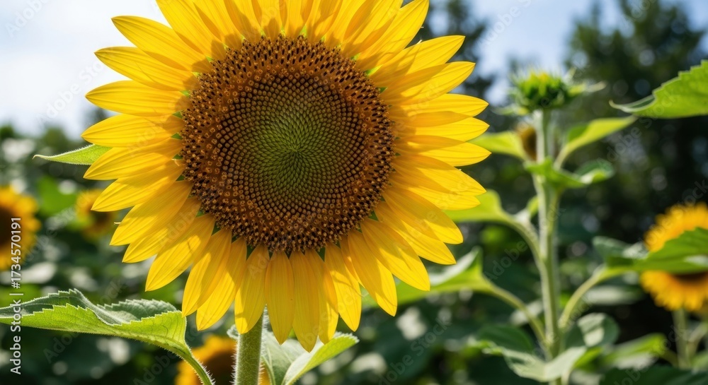Fototapeta premium Close-up of a vibrant yellow sunflower in full bloom, with green leaves and a blue sky in the background.