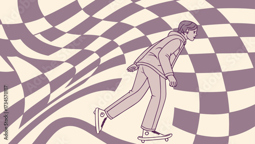 A person on a skateboard moving through a distorted checkerboard pattern, creating a sense of motion and optical illusion