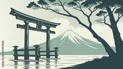 Traditional japanese torii gate in water with mount fuji in the background and a tree silhouette