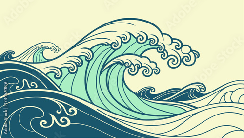 Stylized illustration of powerful ocean waves crashing with a vintage aesthetic, featuring swirling foam and deep blue hues