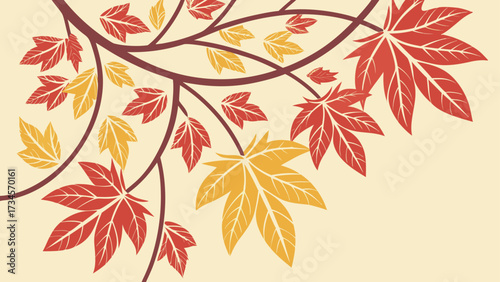 Autumn maple leaves in red and yellow colors on a branch against a light background